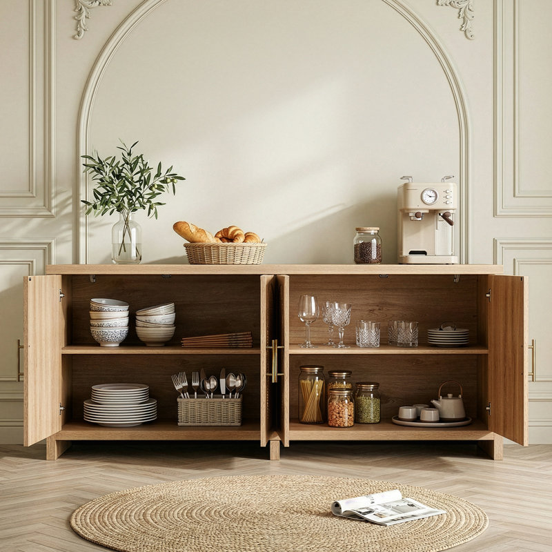 Buffet en chêne 70 po avec rotin véritable et 4 portes