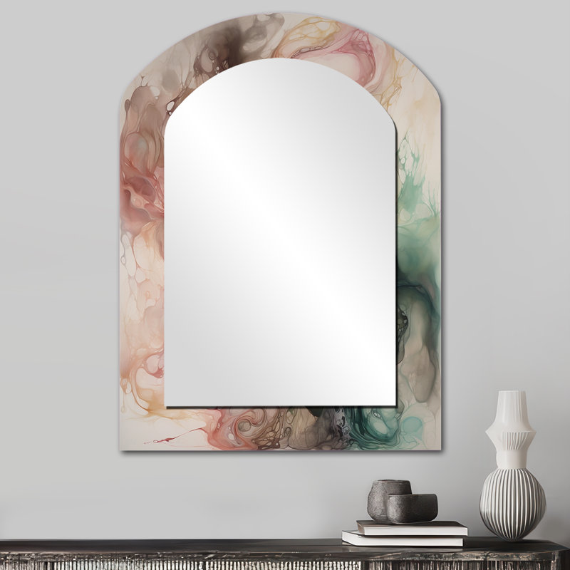 Pink Green Inner Worlds Of Marble I - Geometric Arch Wall Mirror, Modern Asymmetrical Decorative Mirror, Printed Metal Art