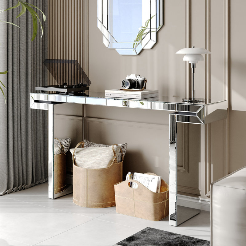 Console à miroir pleine grandeur de 60 pouces avec verre trempé cannelé, table de canapé d'entrée en miroir, style luxueux léger, résistant aux égratignures, emballage renforcé