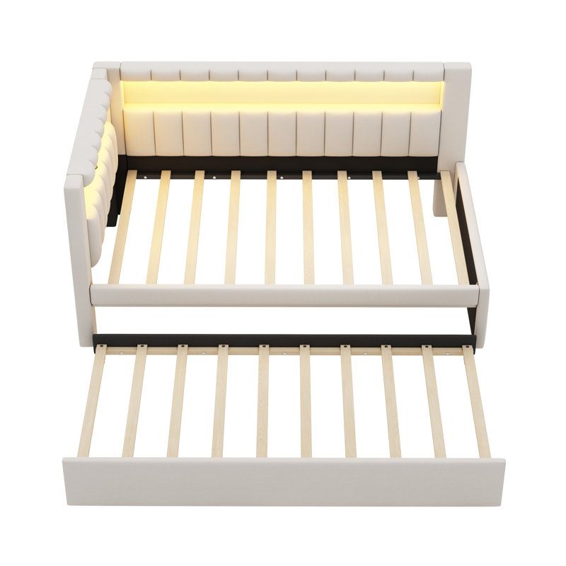 Upholstered Twin Size Platform Bed With USB Ports And LED Belt, With Trundle, White