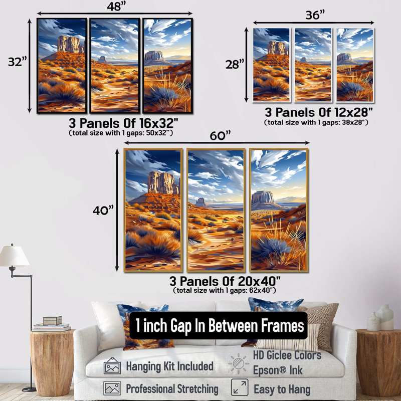 Markiyan - Désert, ensemble d'art mural, Toile naturelle avec cadre flottant, H 28 po x l 12 po x P 1 po
