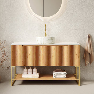 48 Inch Bathroom Vanity With Sink, Freestanding Storage Cabinet, White Ceramic Vessel Basin, And Sintered Stone Countertop, Woodgrain Finish