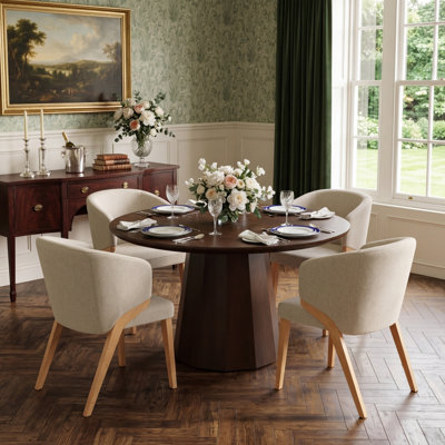 Ensemble de table de salle à manger 5 pièces, 4 sièges, table à piédestal en chêne 47,2 po et 4 fauteuils à dossier demi-tonneau beige