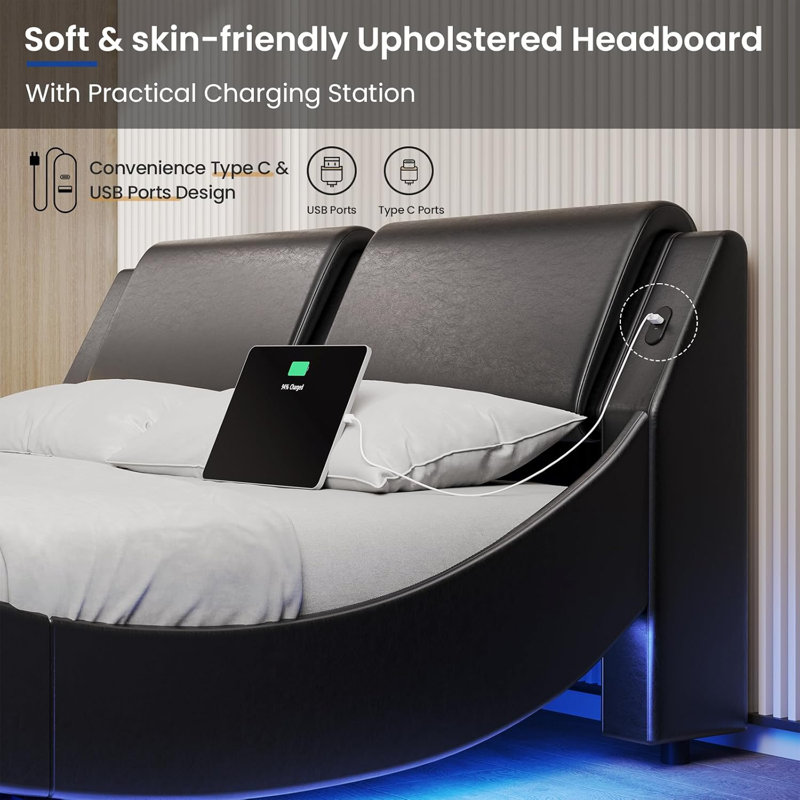 Led Bed Frame With Charging Ports And Headboard Modern Low Profile Platform Bed Frame With Led Lights Wave Like Curve Led Bed Frame,wood Slats Support,easy Assembly,black