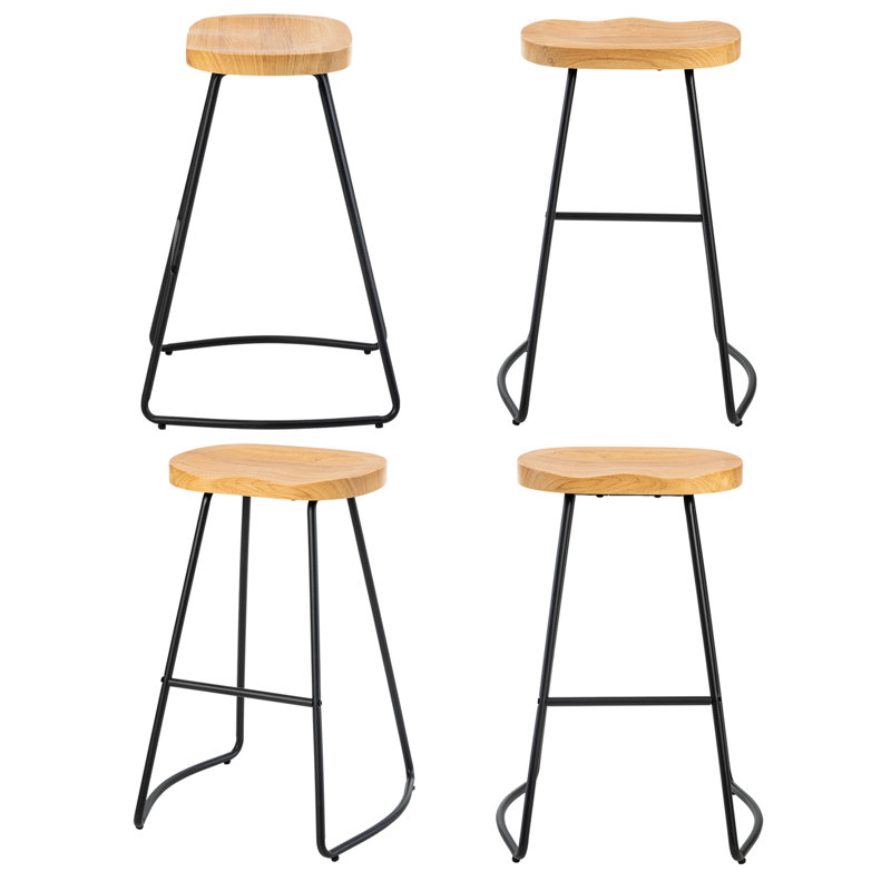 26 Inch Barstool Chair For Kitchen Island, Rustic Saddle, Seat Backless Stools With Metal Leg, Wood, 4