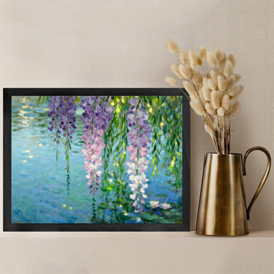 Black Framed Vintage Wisteria flowers reflected on the water Wall Art Monet Style Framed Prints