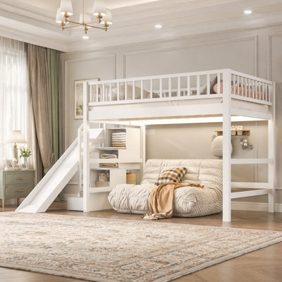 Full Size Loft Bed with Storage Staircase, Slide and LED Light