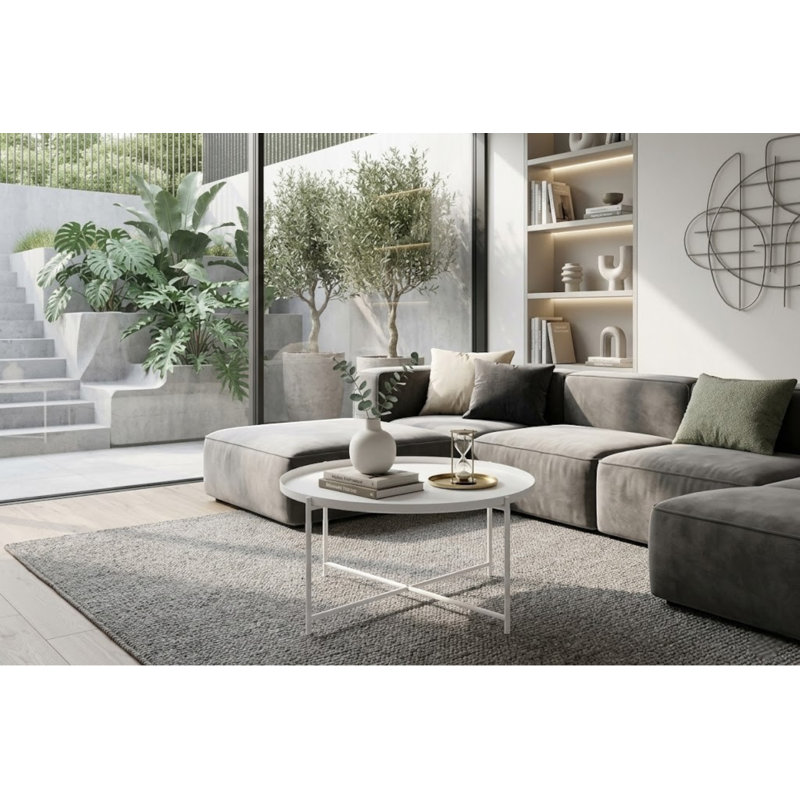 Rhonda Round Steel Coffee Table with Removable Tray Top , White