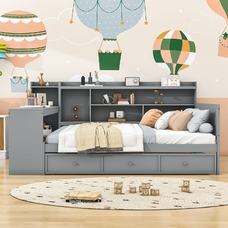 Lit de jour Assante avec bureau intégré et tiroirs de rangement intégrés, Gris, Double