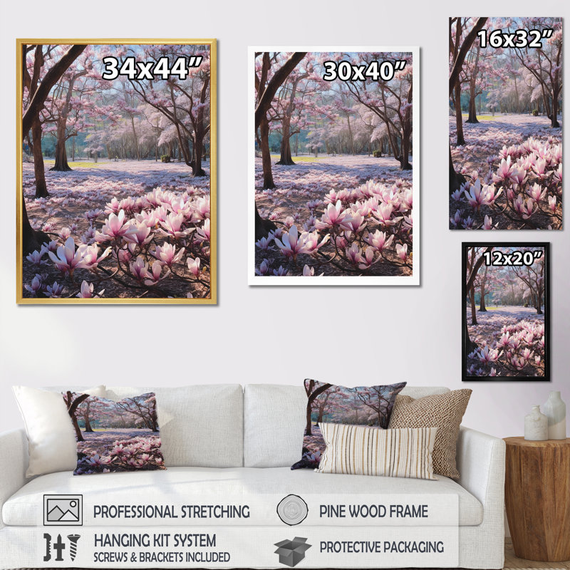 Magnolias roses, photo I sur toile, Cadre simple argenté, H 32 po x l 16 po x P 1 po