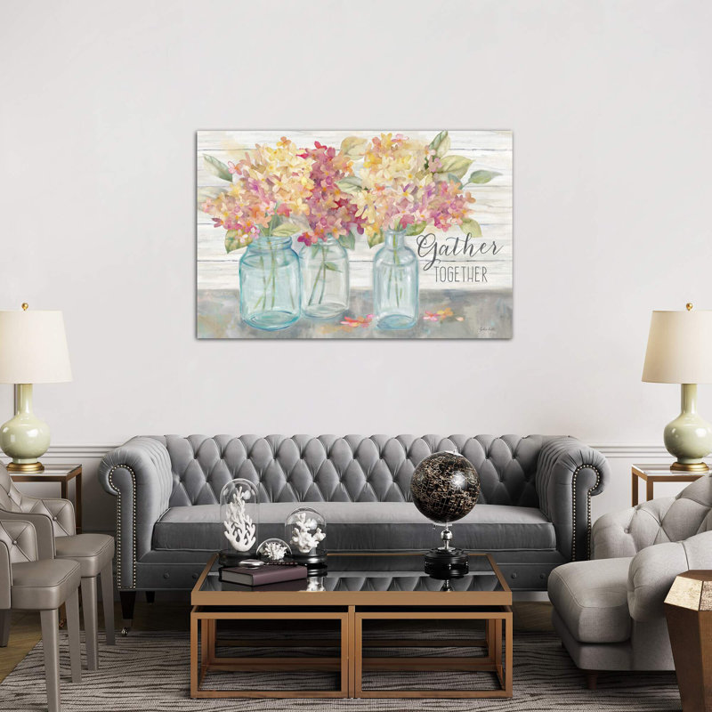 Farmhouse Hydrangeas In Mason Jars Spice - Gather by Cynthia Coulter - Painting on Canvas, 20.32 cm H x 30.48 cm W