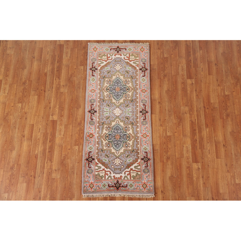 Tapis de couloir gris en laine noué à la main de conception unique 2 pi 5 po x 5 pi 11 po New Age