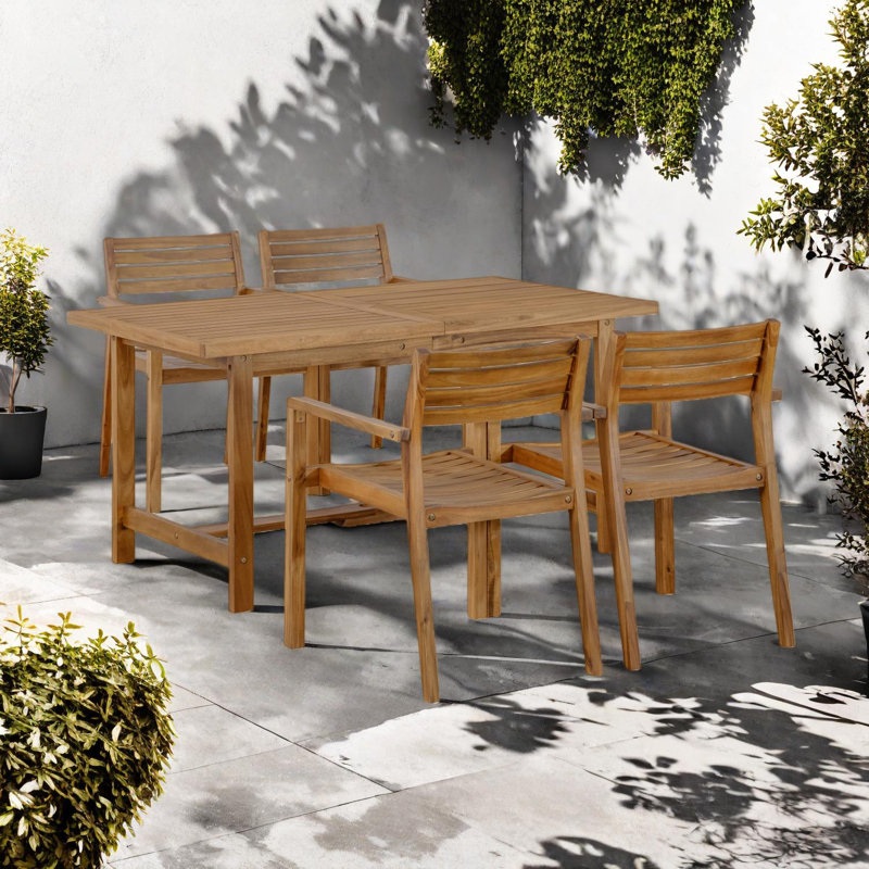 Ensemble repas 5 pièces en bois d'acacia avec trou pour parasol, table rectangulaire et 4 chaises, Brun