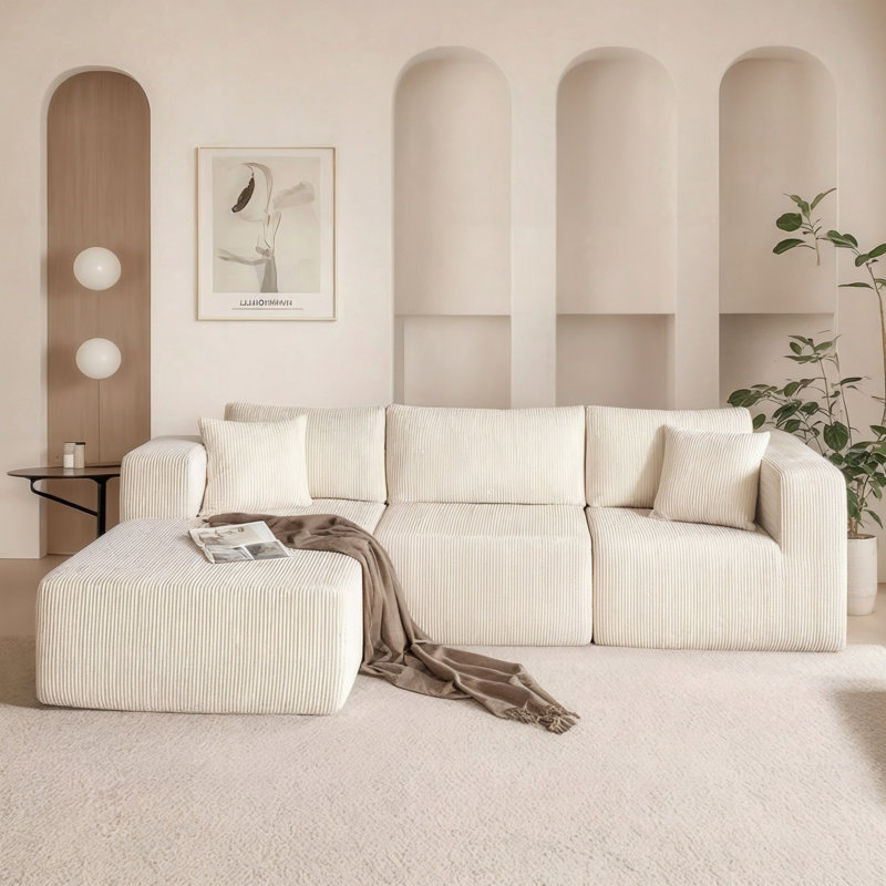 Canapé modulaire en forme de L Boneless, Velours côtelé beige, Face à la gauche