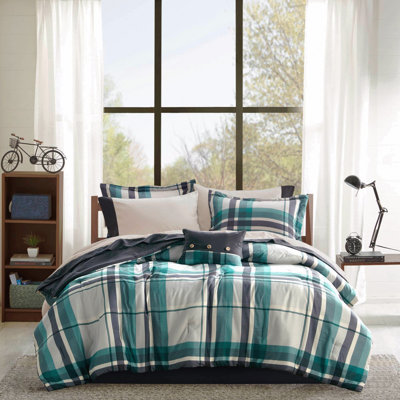 7 PCS Twin XL Plaid Comforter Set with Bed Sheets Teal/Black