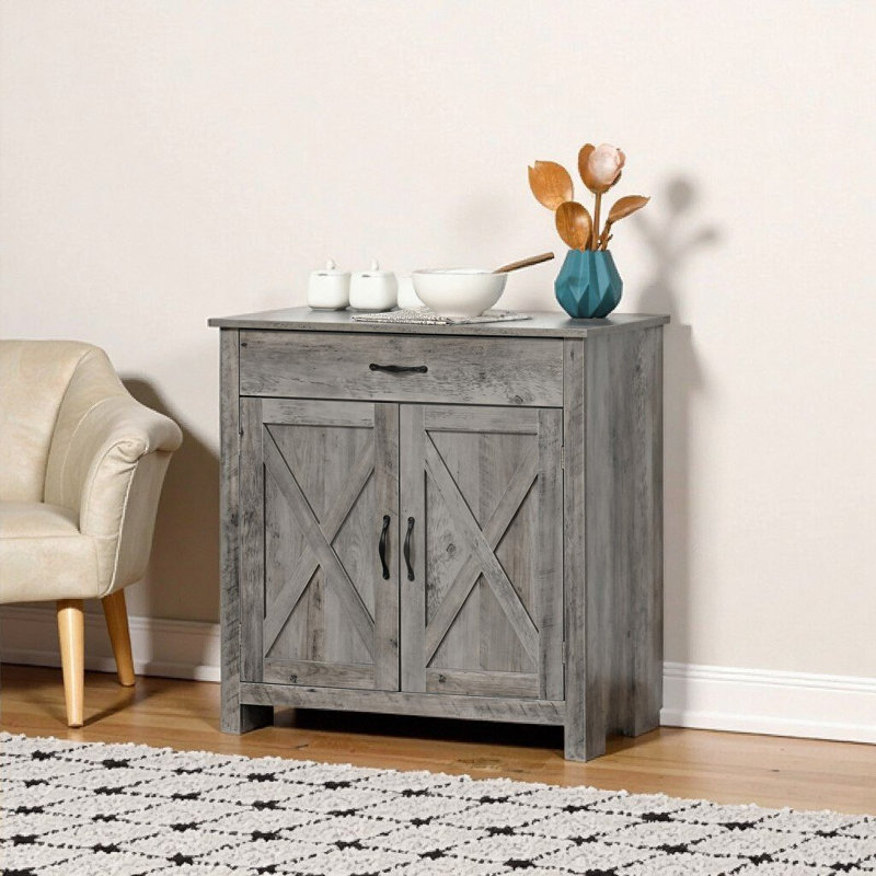 Buffet Farmhouse avec portes de grange, buffet gris 32 po pour cuisine, vestibule ou salon, tiroir et rangement, Naturel