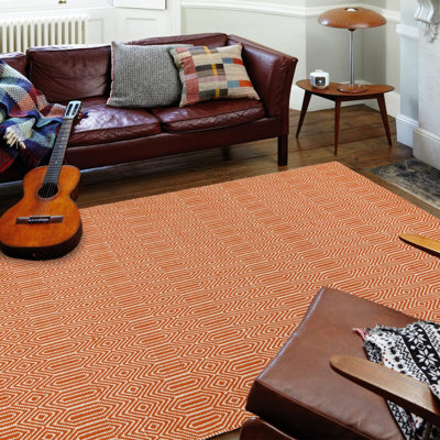 Orange Geometric Wool Modern Handmade Easy To Clean Rug For Living Room And Bedroom