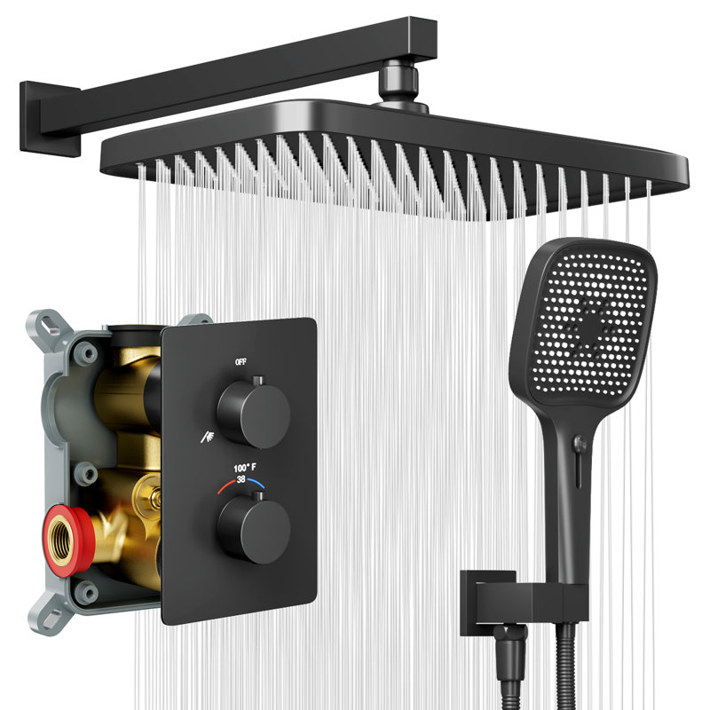 12" High-Pressure Rainfall Shower Head,Thermostatic Shower System Luxury Matte Black Shower Faucet Set With Brass Valve