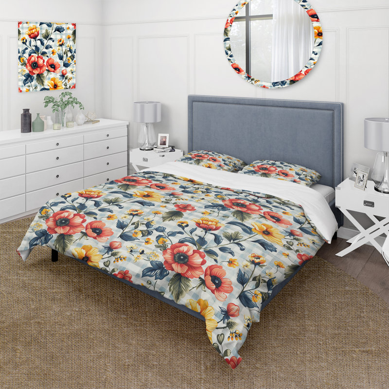 Ensemble de housse de couette à motif floral vichy rouge et bleu floral, Housse de couette très grand + 2 taies décorativ