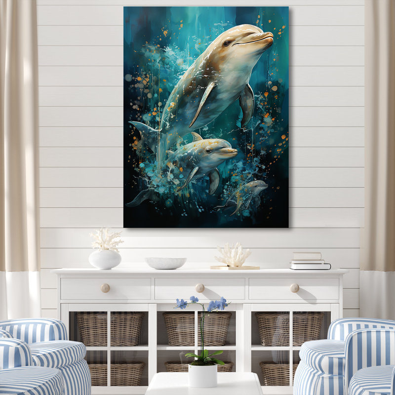 Dauphin harmonie aquatique, H 40 po x l 30 po x P 1,5 po, Toile tendue