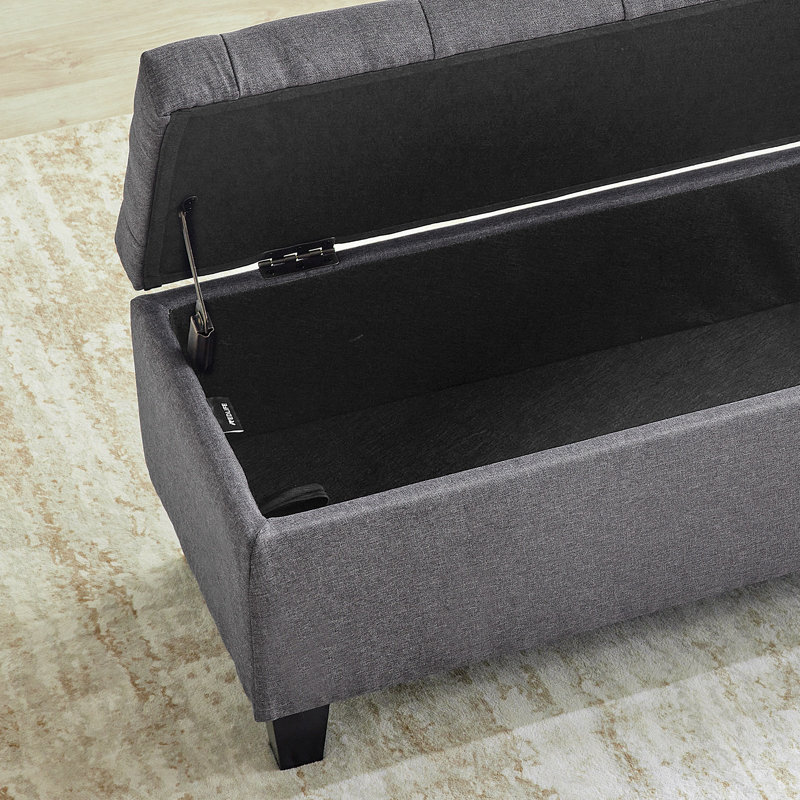 Jalob 42'' W Storage Ottoman Bench, End of Bed Storage Bench, Button Tufted Fabric Storage Ottoman, Solid Wood Leg, Safety Hinge, 330 LBS Load, Ottoman with Storage for Bedroom Living Room Entryway