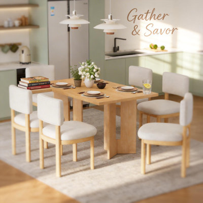 7-Piece Farmhouse Wood Dining Table Set 6 Upholstered Chairs And Rectangular Dining Table For Kitchen & Dining Room