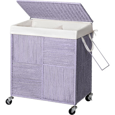 Double panier à linge avec roulettes, panier à linge roulé tissé à la main 115L Panier à linge sale avec couvercle, sac doublure amovible, mauve