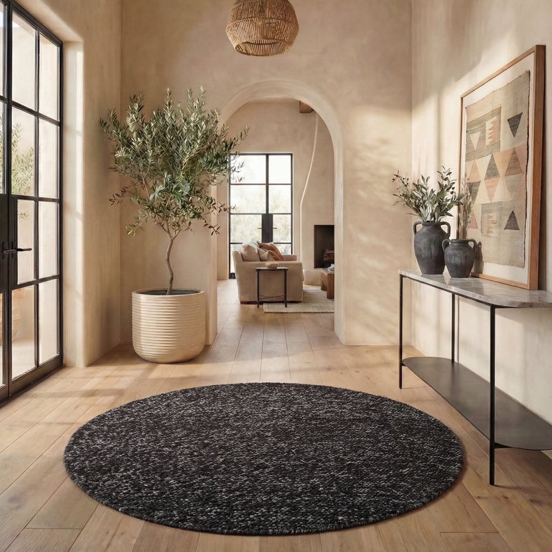 Tapis noir / gris en laine / coton / polyester tissé à la main Natura 425, Rond 6 pi