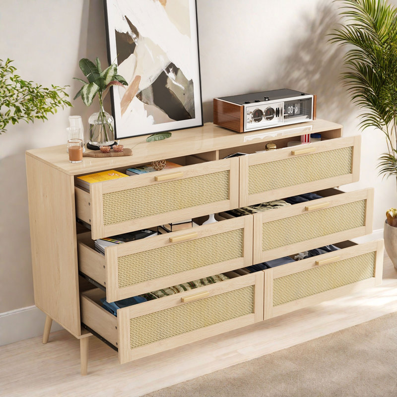 6-Drawer Boho Rattan Dresser with Wooden Top