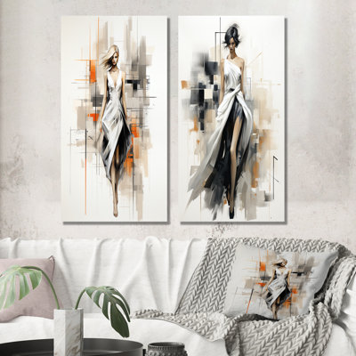 Noir et blanc Fashion Top Model Woman Runway II - Fashion Illustration, ensemble de 2 décorations murales