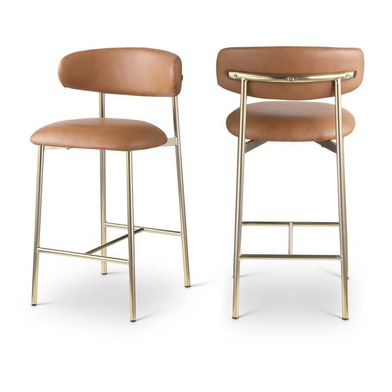 Tabouret de comptoir Lupita, Cuir cognac végétalien, Or brossé