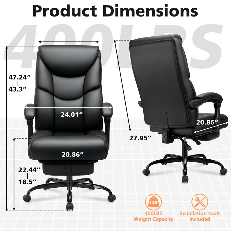Grande et grande chaise de bureau avec repose-pieds 400 lb, chaise de bureau confortable en cuir à haut dossier avec coussins de siège et dossiers épaissis