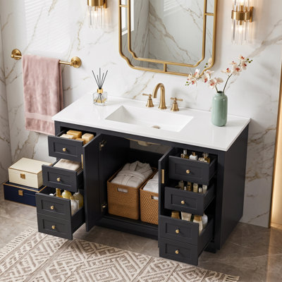 Meuble-lavabo autoportant de 122 cm (48 po) avec comptoir de toilette, structure en MDF, 6 tiroirs, 2 portes à fermeture amortie, poignées dorées et finition peinte lisse