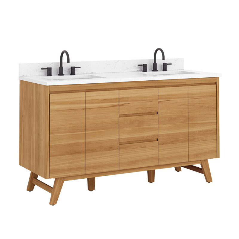 Coventry 61" Natural Teak Double Sink Vanity with Cala White Top