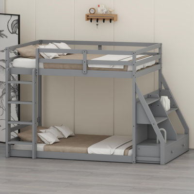 Modern Bunk Bed Frame with LED Lights, Charging Station, Shelves and Drawers