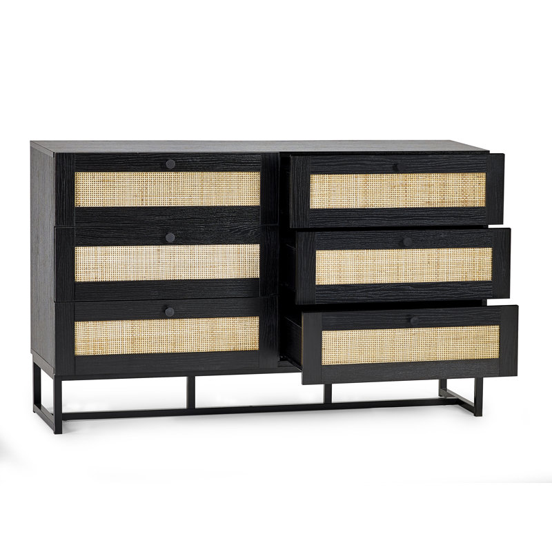 Reese 120cm W 6 - Drawer Chest of Drawers, Black/Rattan