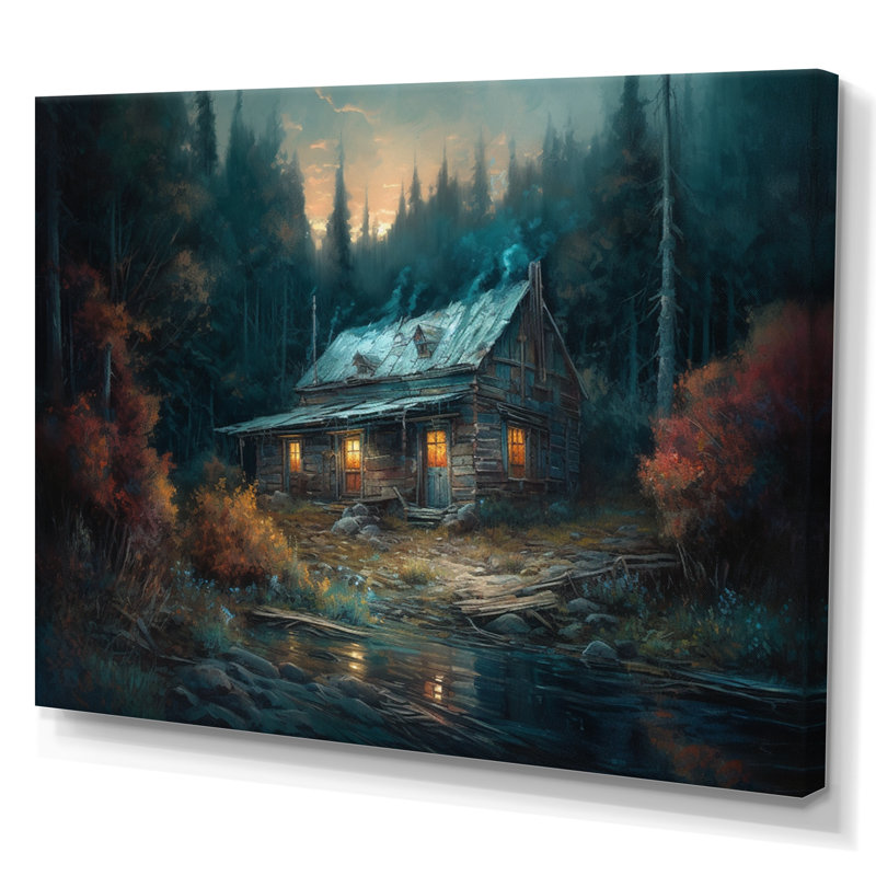 Cabine dans les bois - art mural sur toile forêt, H 16 po x l 32 po x P 1 po, Toile tendue
