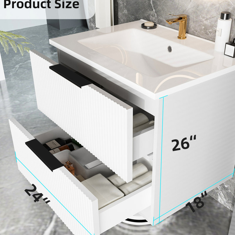 Meuble-lavabo mural flottant blanc 24 po avec lavabo en céramique, deux tiroirs, premier tiroir en forme de U, panneau multicouche facile à assembler de 18 à 20 po,