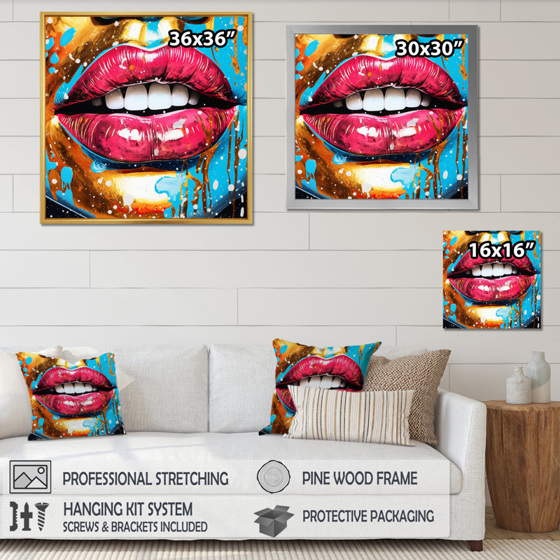 Art mural sur toile Sensual Red Lips Retro Glam, 36" H x 36" W, Cadre flottant doré
