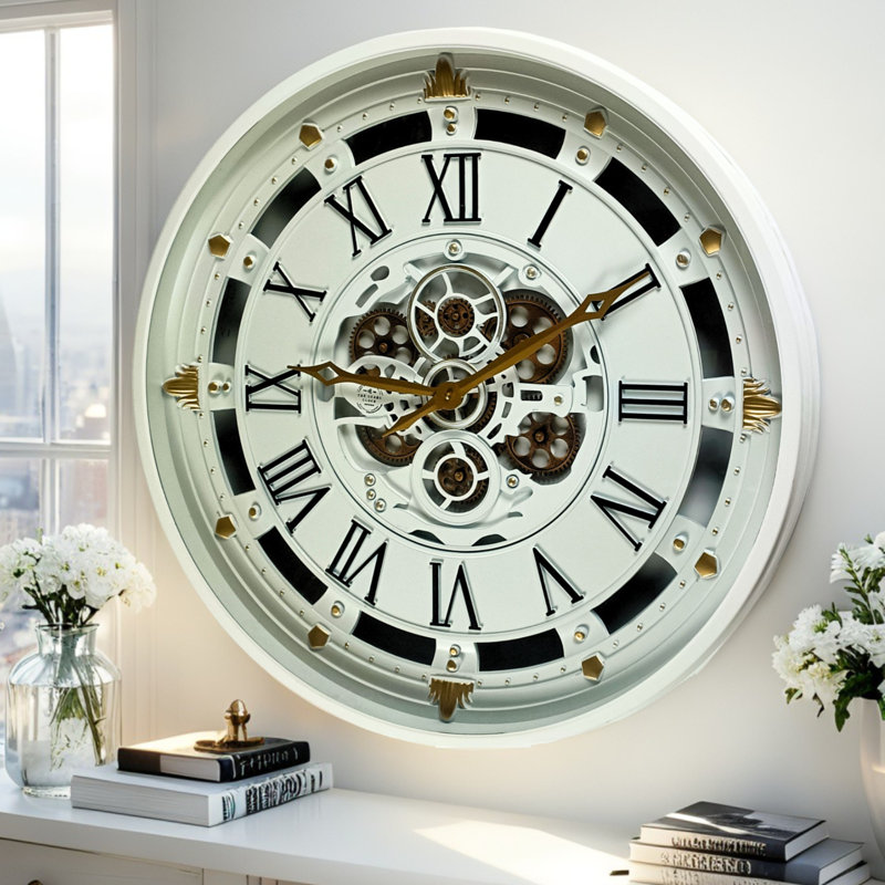 Wall Clock 26" Round Oversized for Living Room decor with Real Moving Gears (Glass cover) Belgium Collection, White