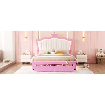 Full Size Modern Bed With Upholstered Headboard & Led Lights, Pink+White Storage Lights 2 Drawers,