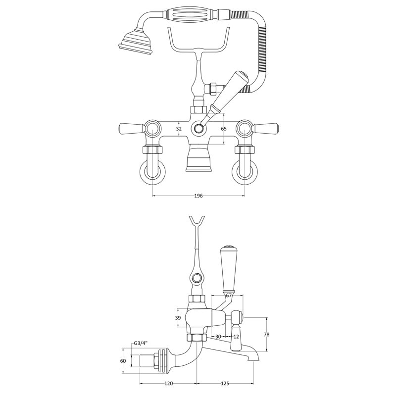 3 Handle Wall Bath Shower Mixer Bath Filler with Diverter, White