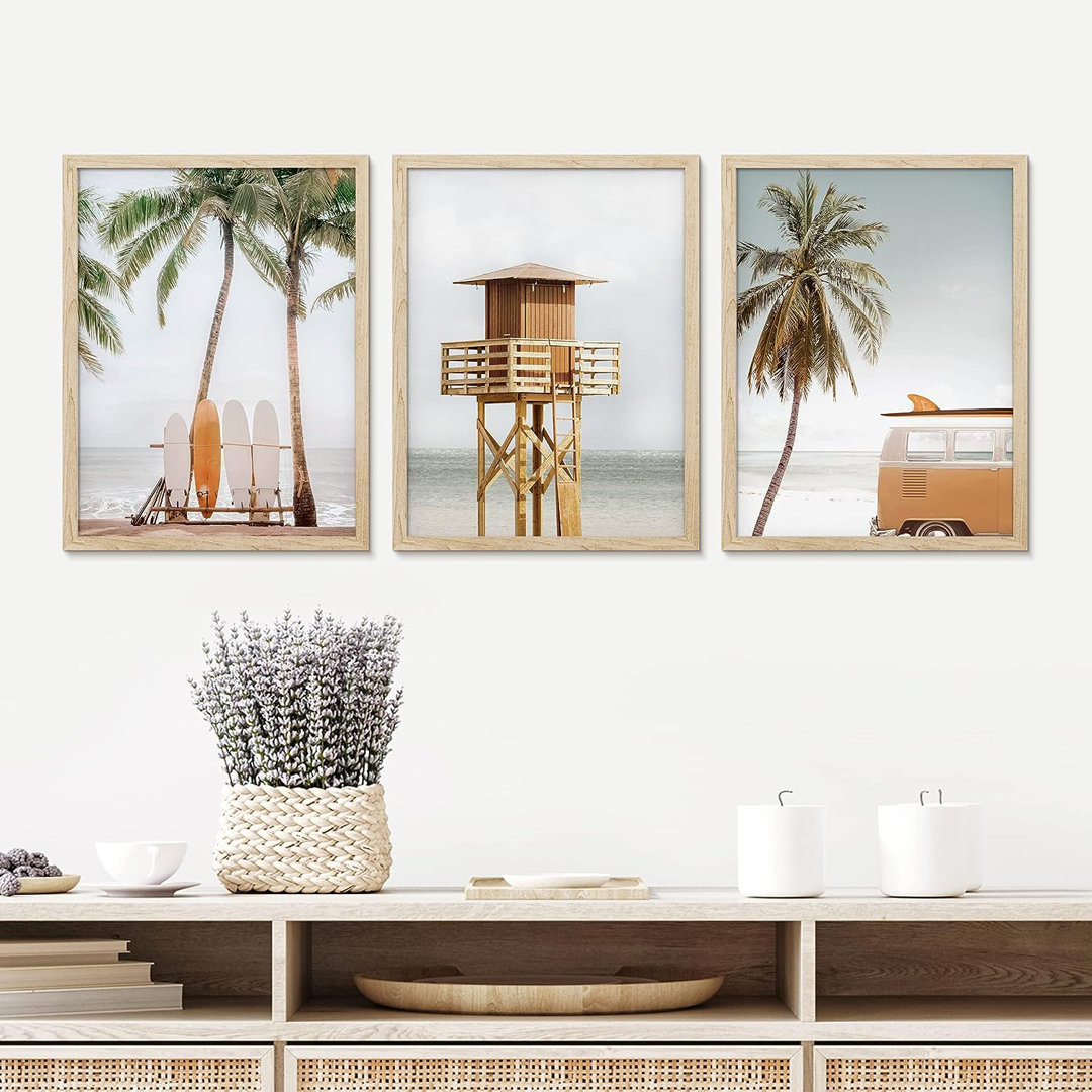 Coastal Beach " IDEA4WALL Framed Poster Bathroom Decor Wall Art Room Decor Multicolor For Living Room, Bedroom, Office California Beach Palm Tree Ocean Lifeguard Tower Wilderness Nature " 3 - Pieces IDEA4WALL Frame 