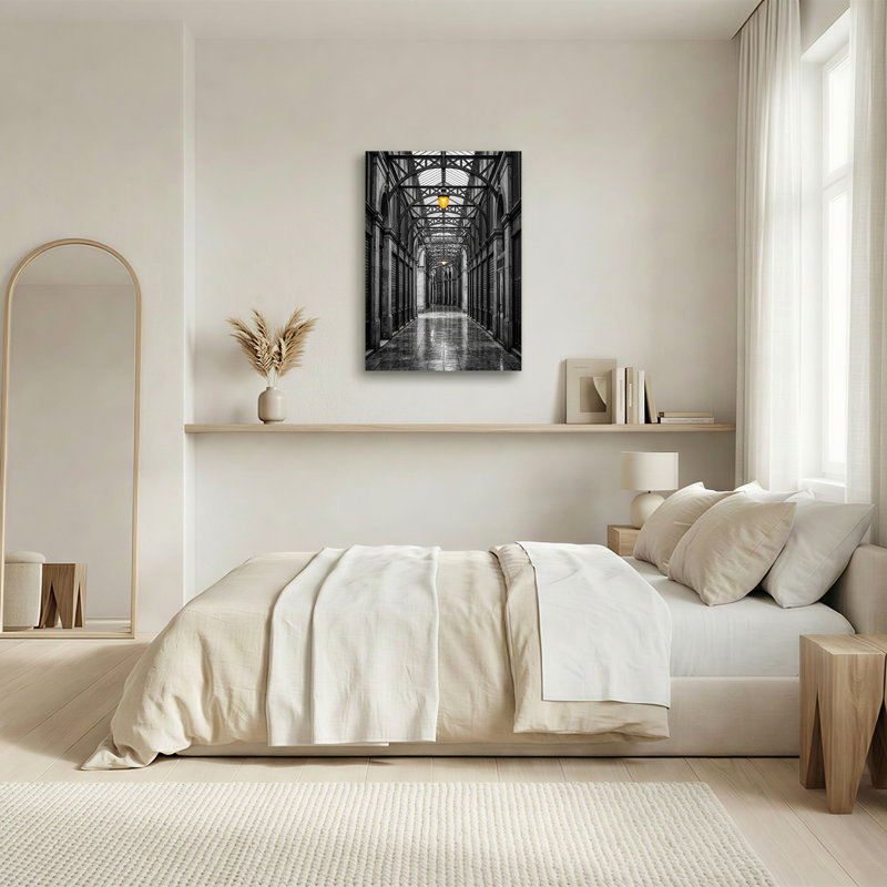 Art mural sur toile en fer noir et blanc avec lampe jaune, 36"H x 24"W