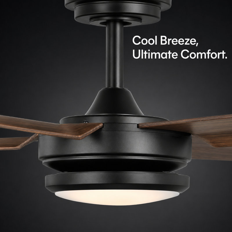 Burslem 56'' Indoor / Outdoor Ceiling Fan with Light and Remote, Color Changing LED, 6-Speed, 4-Blade, Quiet DC Motor – Matte Black with Dark Brown Wood Blades