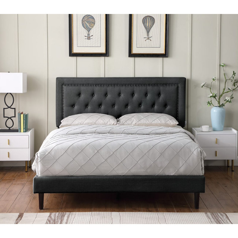 Cianciolo Upholstered Linen Wingback Bed, Full, Black
