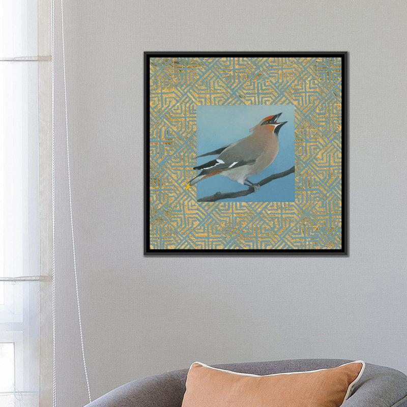 « cèdre waxwing border », impression carrée sur toile tendue, H 18 po x l 18 po x P 1,5 po, Toile avec cadre noir