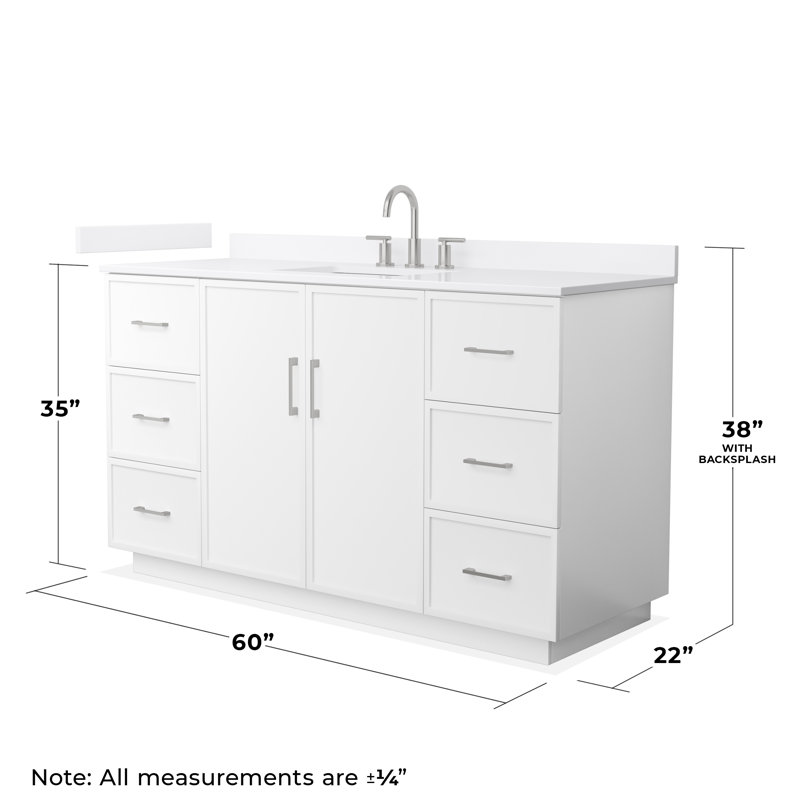 Elan TK 60" Freestanding Single Bathroom Vanity with Quartz Top, White, Brushed Nickel, White Quartz