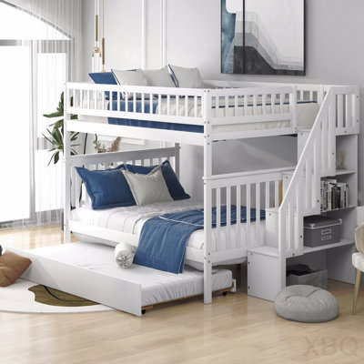 Full Over Full Bunk Bed With Trundle And Staircase,White