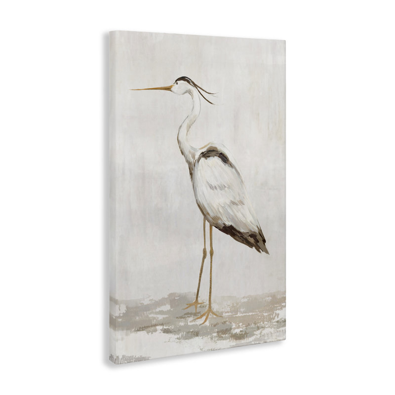 Héron serein sur toile beige, design par Hannah Dawson, H 45 po x l 30 po